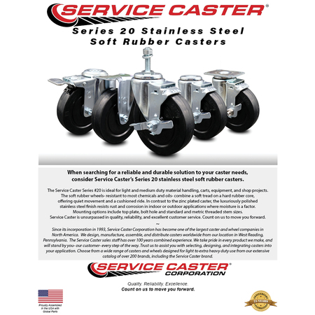 Service Caster 3 Inch SS Soft Rubber Wheel Swivel 12mm Threaded Stem Caster Set Brake SCC SCC-SSTS20S314-SRS-TLB-M1215-4